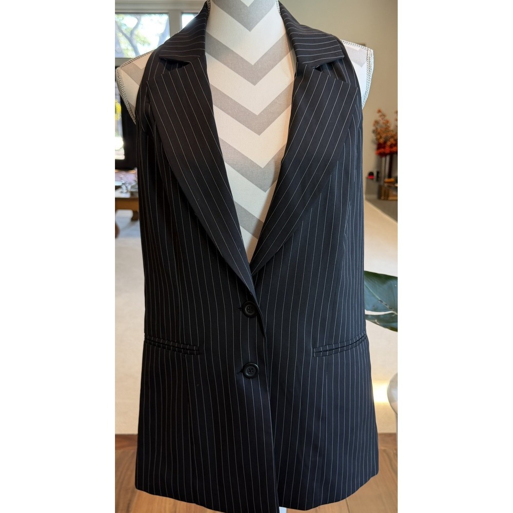 Bar III Women's Size M Black Pinstripe Sleeveless Blazer Vest Long Career